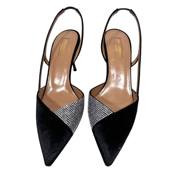 AQUAZZURA Salome Black Velvet & Crystal Slingback 3" Heel Size 37 - Picture 5 of 8